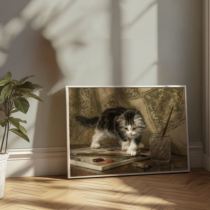 Premium Poster of Adorable Kitten Standing On Art Supplies Posters