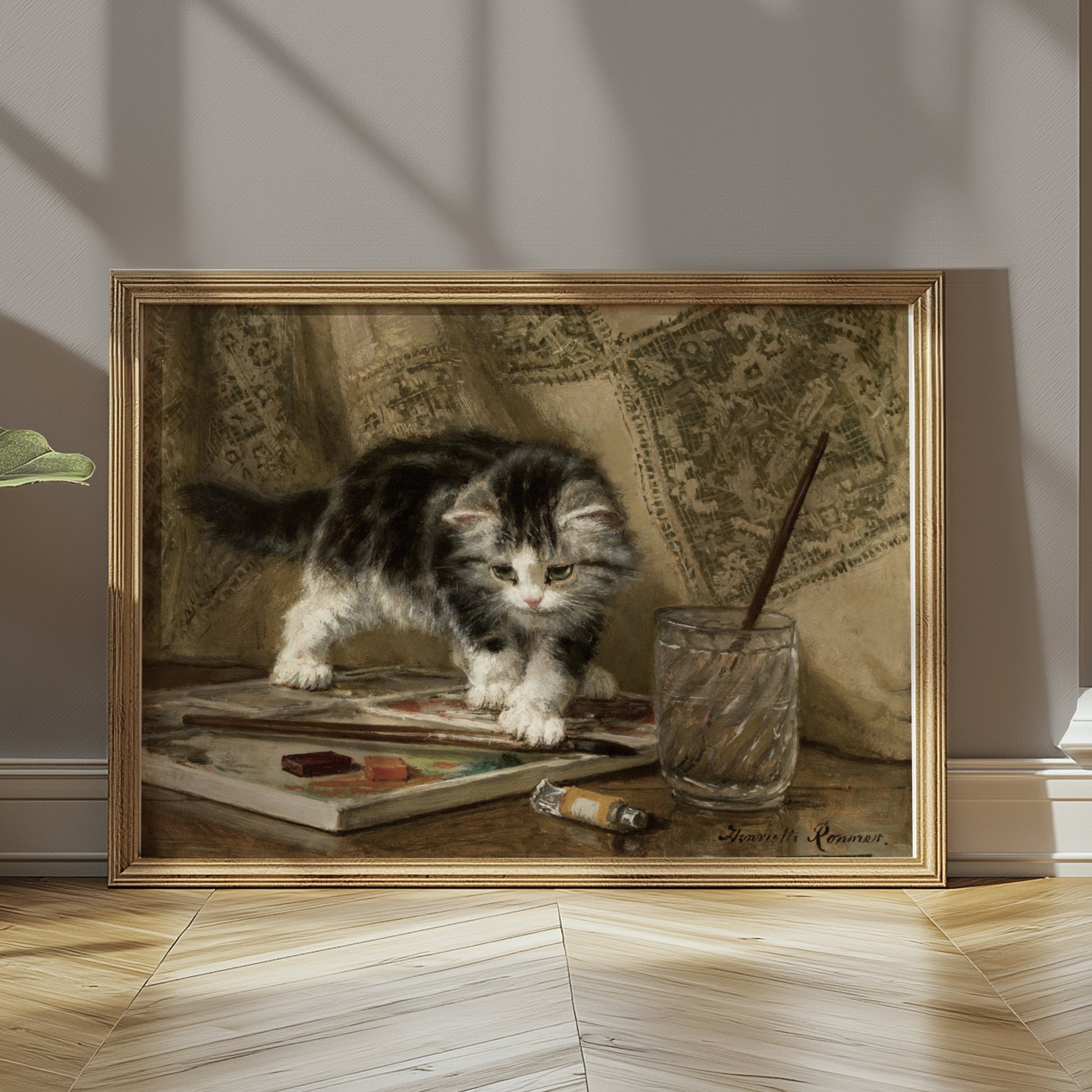 Premium Poster of Adorable Kitten Standing On Art Supplies Posters