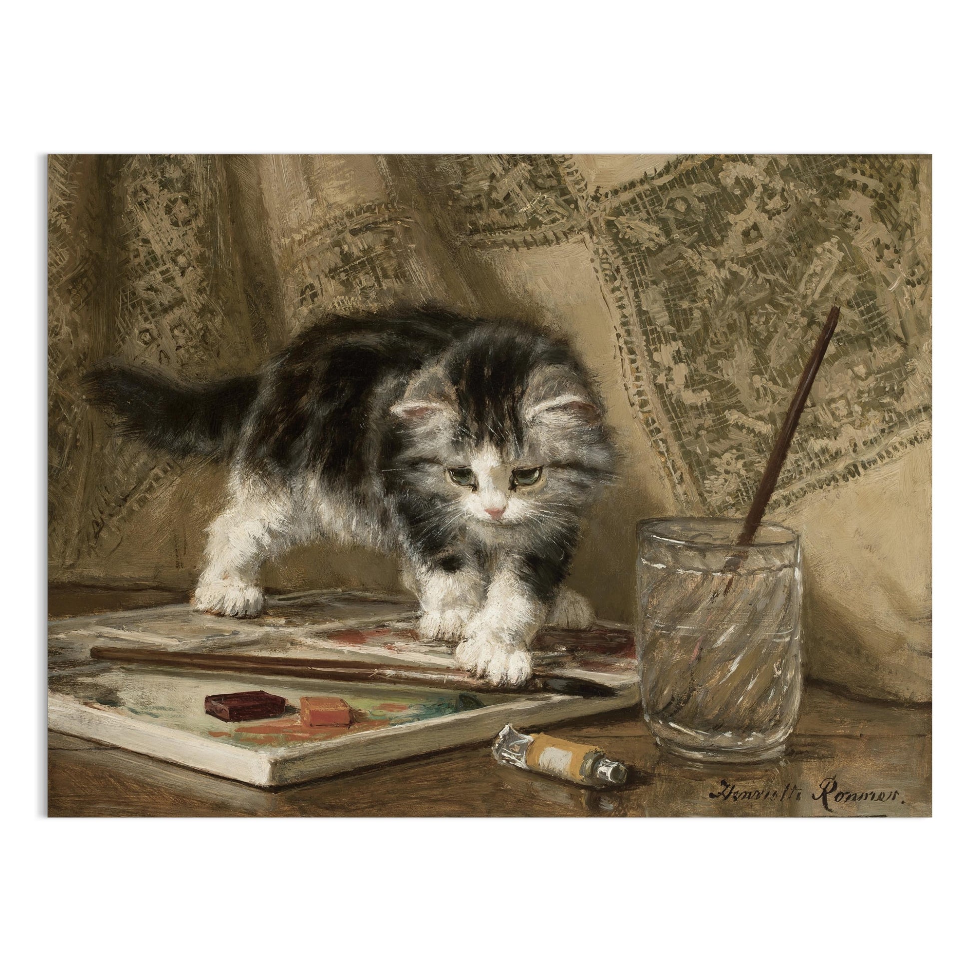 Premium Poster of Adorable Kitten Standing On Art Supplies Posters