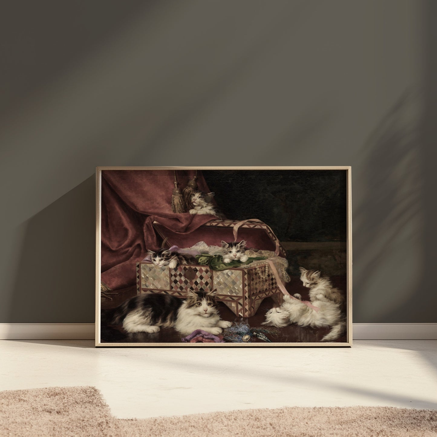 Premium Poster of Adorable Kittens Playing Near an Ornate Chest Posters