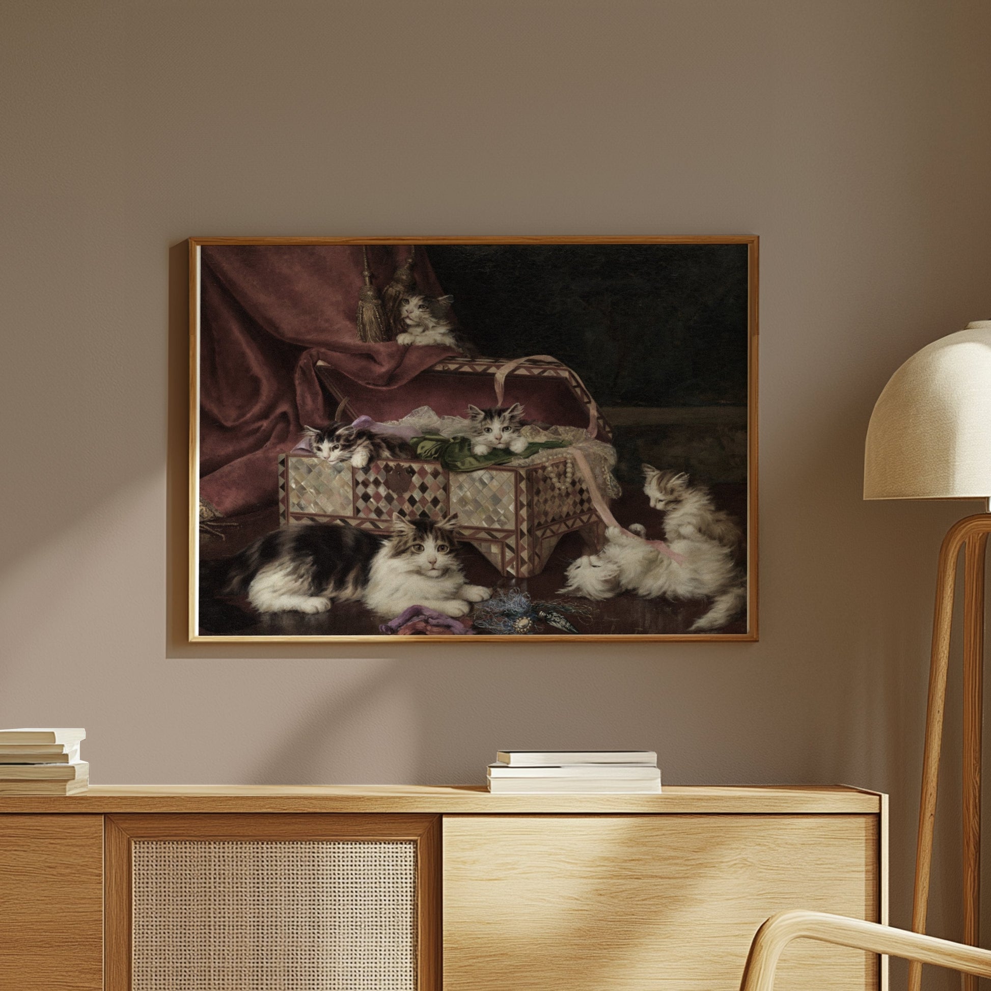 Premium Poster of Adorable Kittens Playing Near an Ornate Chest Posters