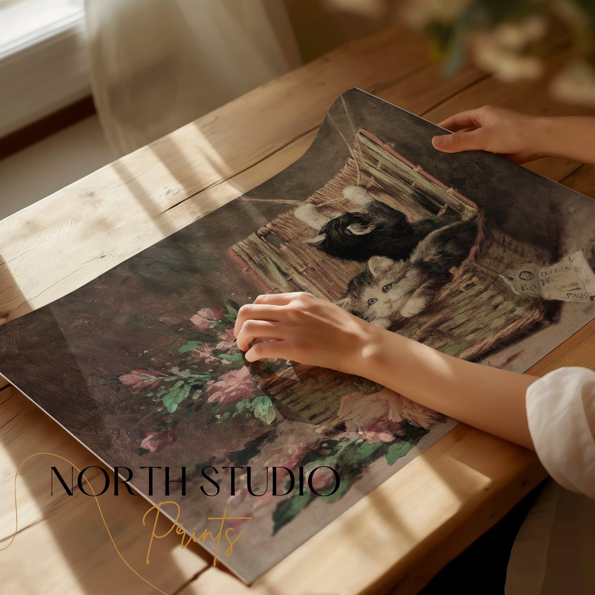 Premium Poster of Adorable Kittens Playing in a Basket Vintage Posters