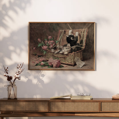 Premium Poster of Adorable Kittens Playing in a Basket Vintage Posters