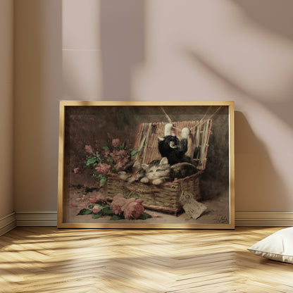 Premium Poster of Adorable Kittens Playing in a Basket Vintage Posters