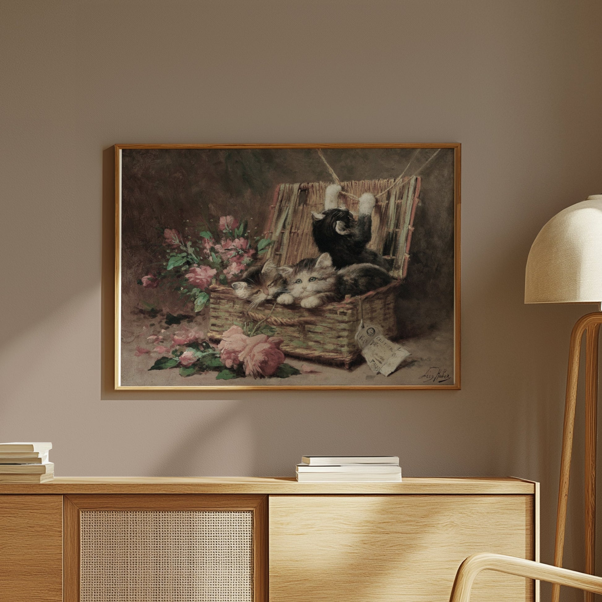 Premium Poster of Adorable Kittens Playing in a Basket Vintage Posters