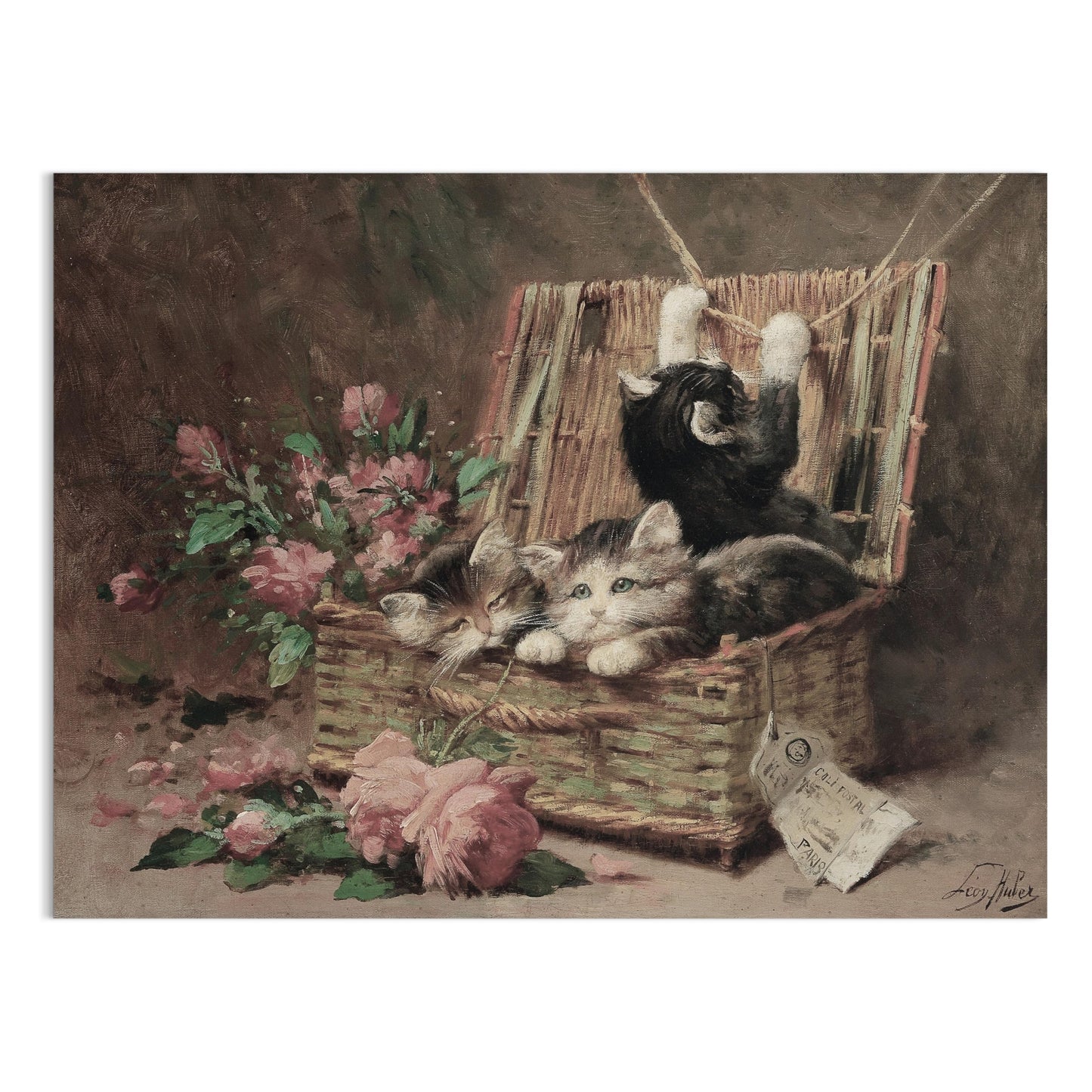 Premium Poster of Adorable Kittens Playing in a Basket Vintage Posters