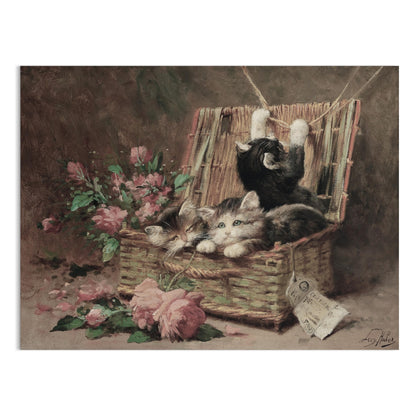 Premium Poster of Adorable Kittens Playing in a Basket Vintage Posters