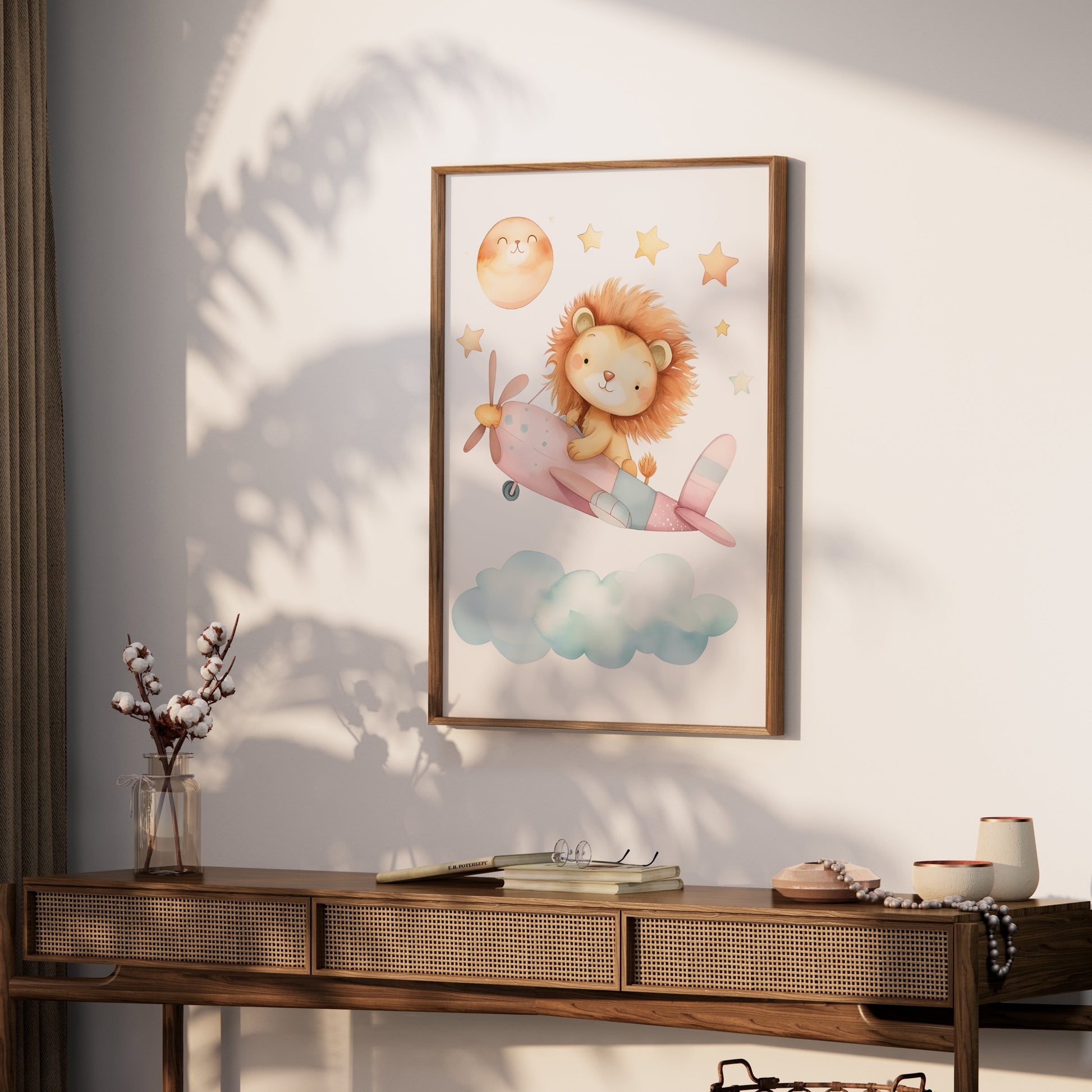 Premium Poster of Adorable Lion Cub Flying Airplane with Stars Posters