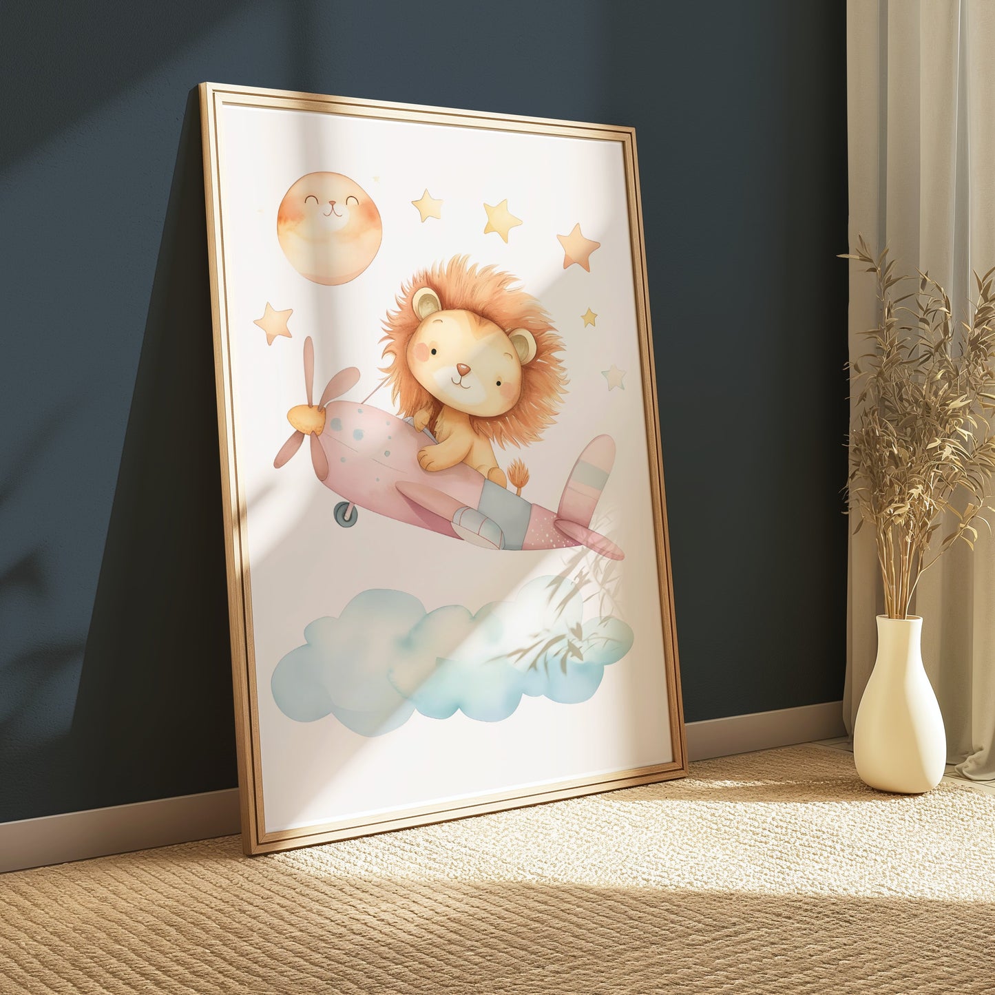 Premium Poster of Adorable Lion Cub Flying Airplane with Stars Posters