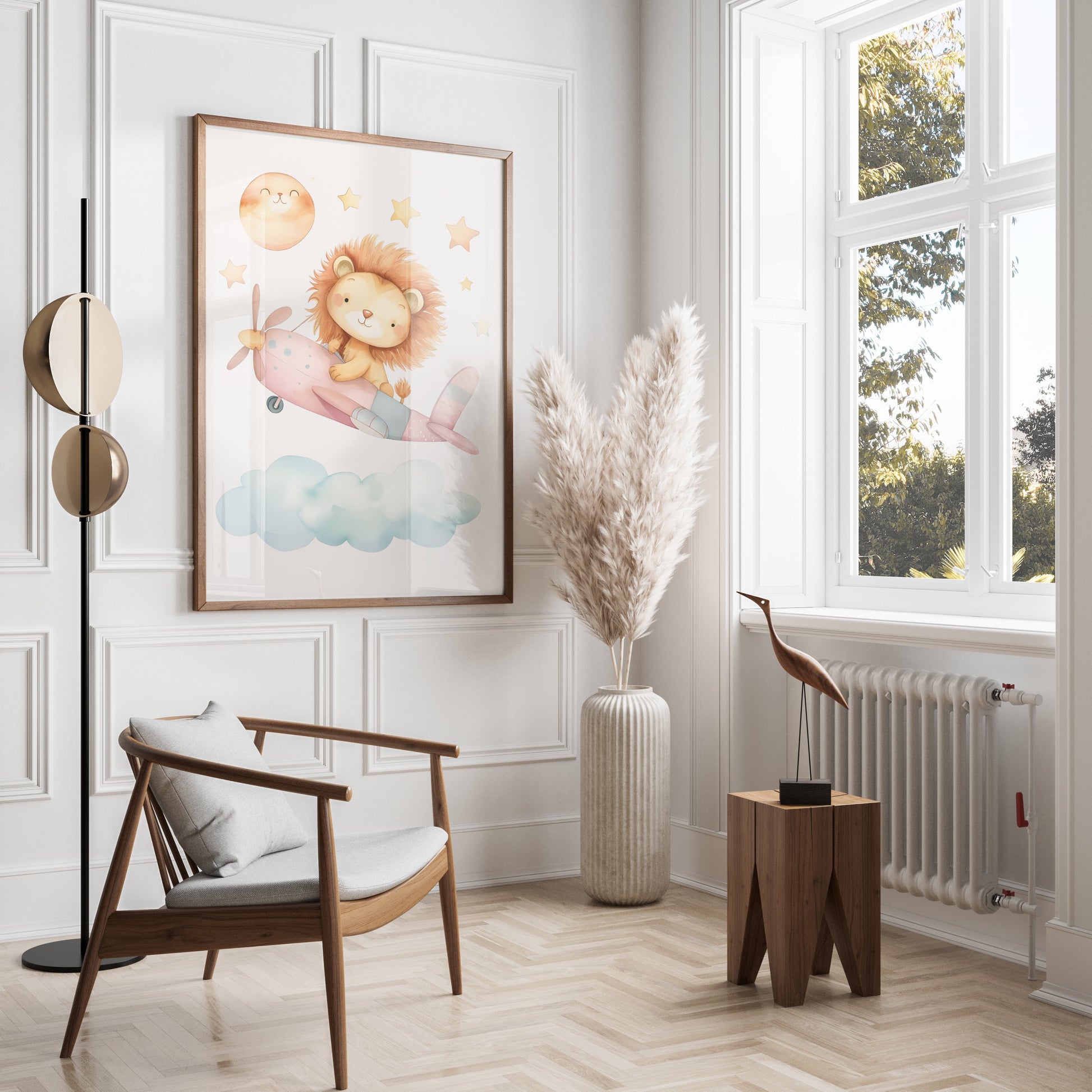 Premium Poster of Adorable Lion Cub Flying Airplane with Stars Posters