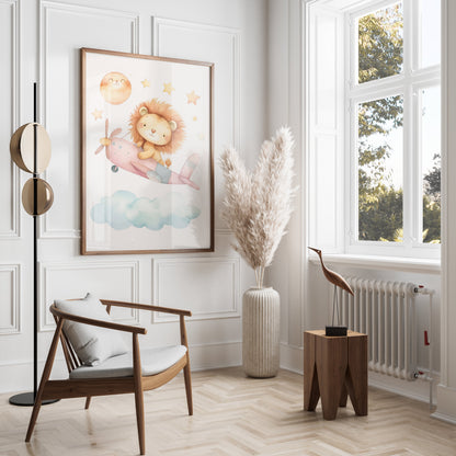 Premium Poster of Adorable Lion Cub Flying Airplane with Stars Posters