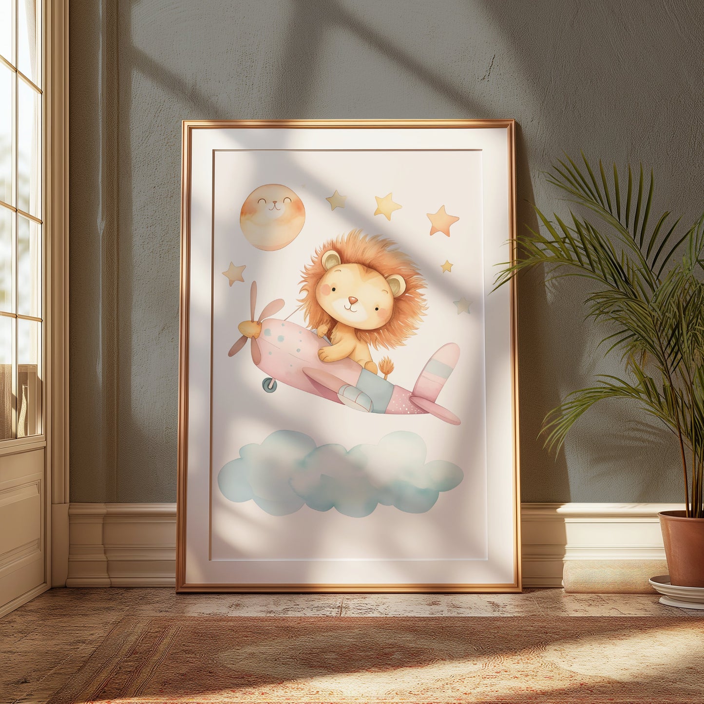 Premium Poster of Adorable Lion Cub Flying Airplane with Stars Posters