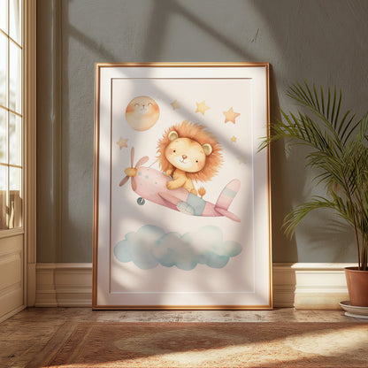 Premium Poster of Adorable Lion Cub Flying Airplane with Stars Posters