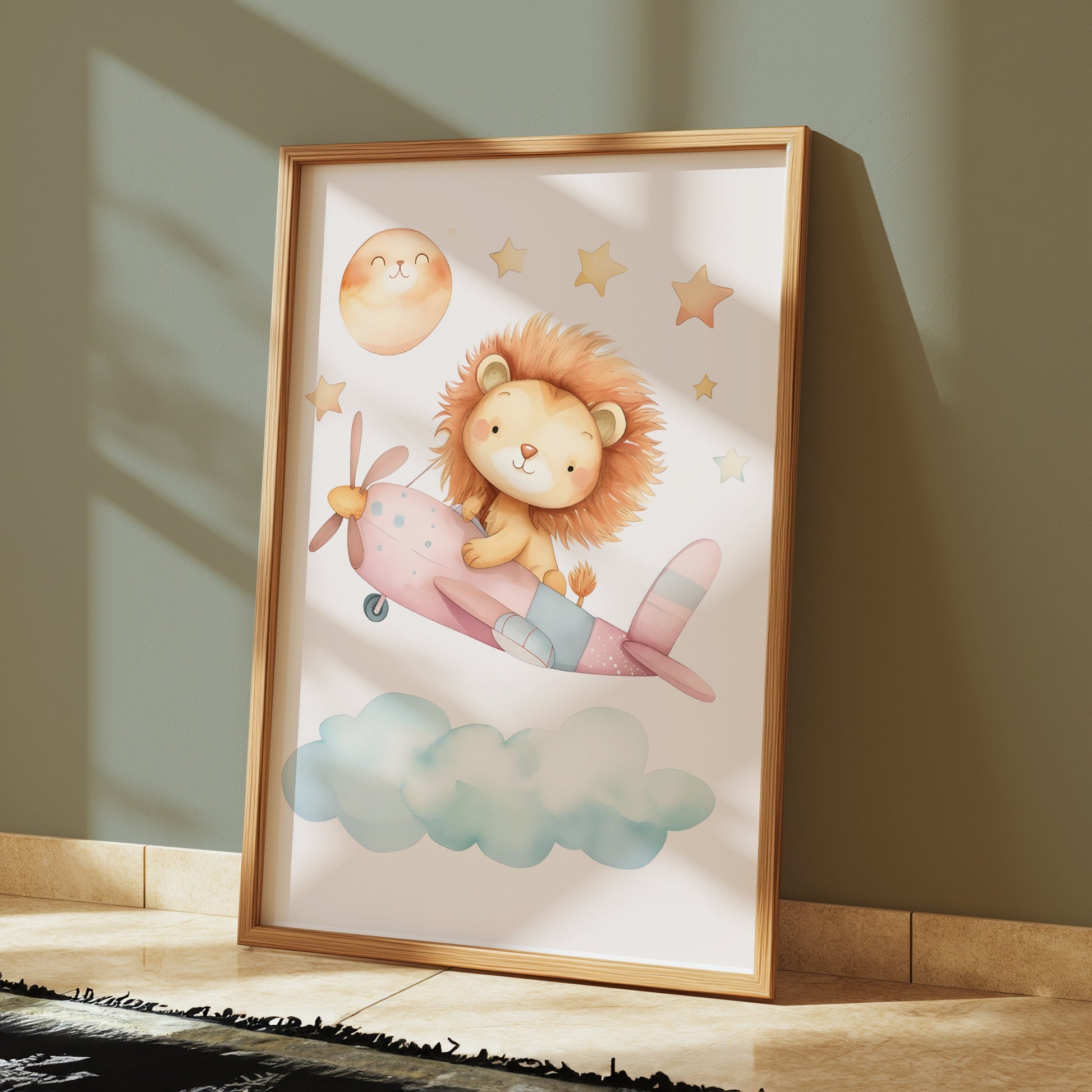 Premium Poster of Adorable Lion Cub Flying Airplane with Stars Posters