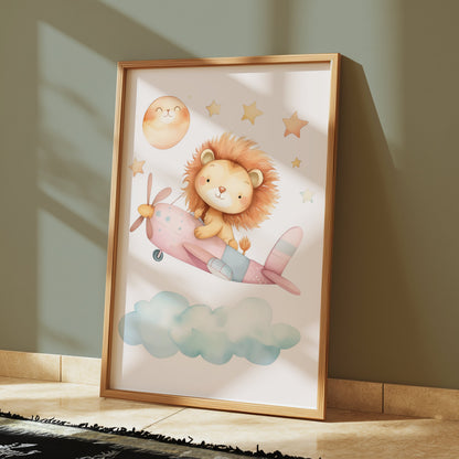 Premium Poster of Adorable Lion Cub Flying Airplane with Stars Posters