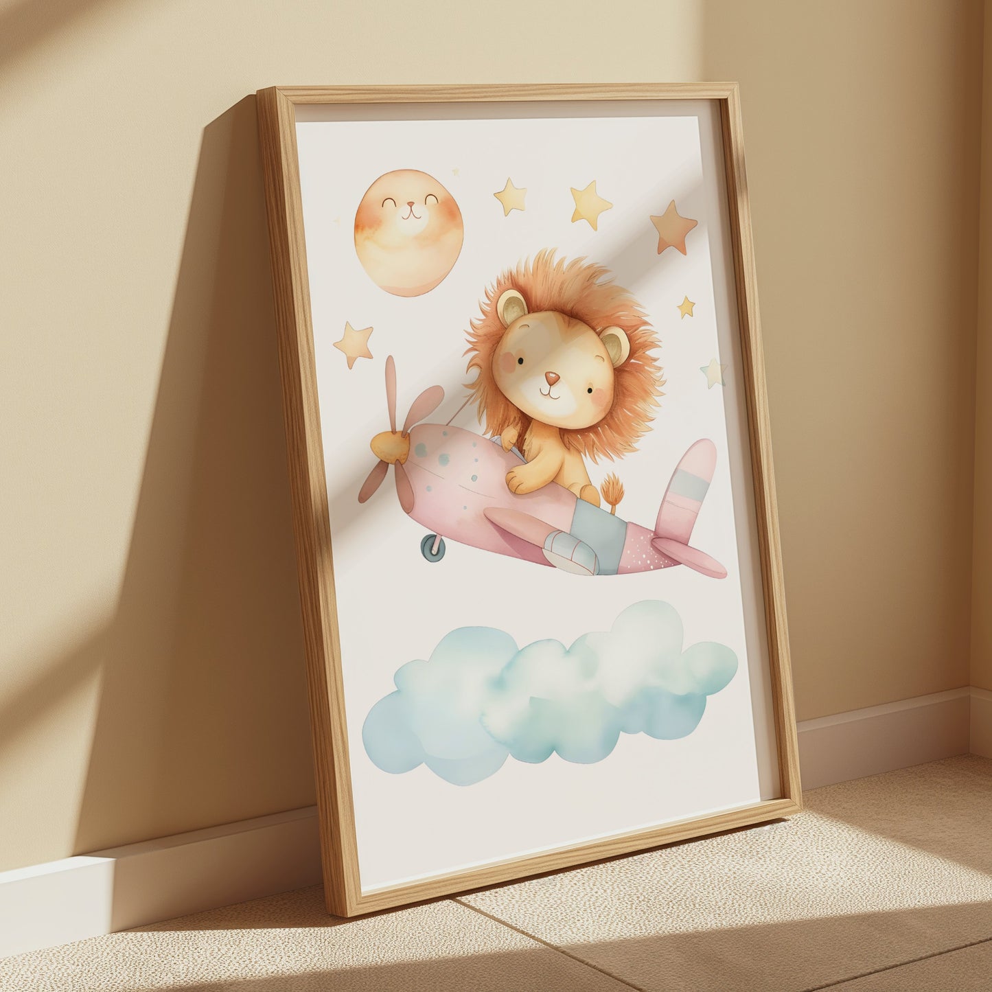 Premium Poster of Adorable Lion Cub Flying Airplane with Stars Posters
