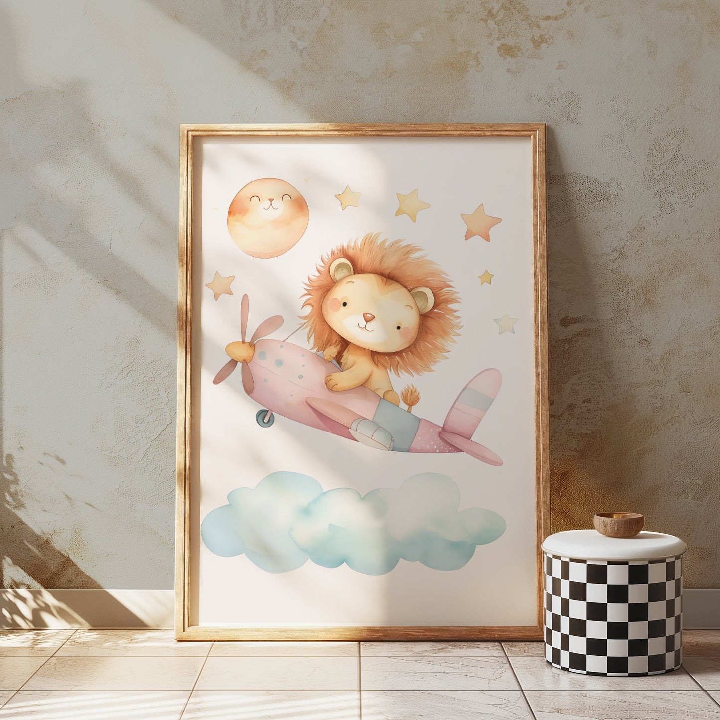 Premium Poster of Adorable Lion Cub Flying Airplane with Stars Posters
