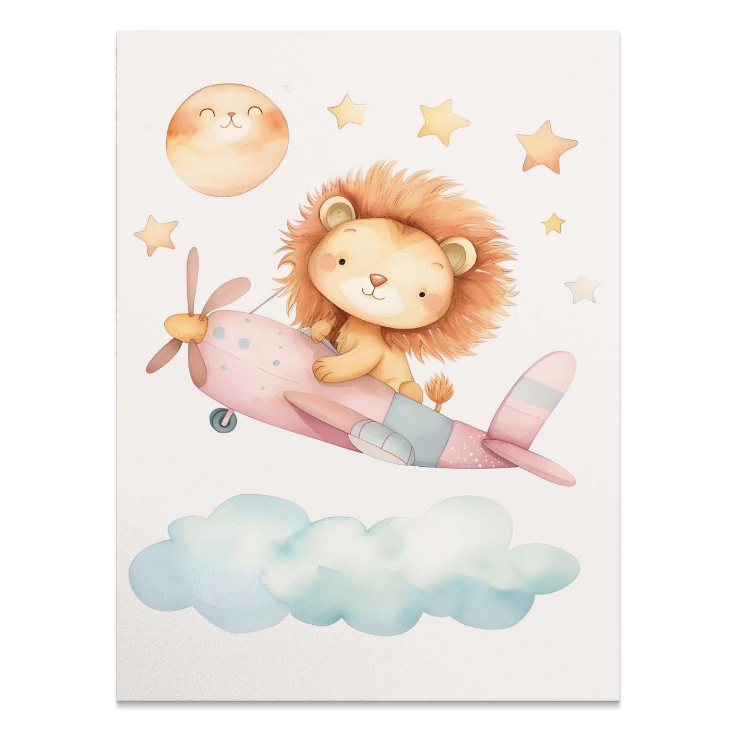 Premium Poster of Adorable Lion Cub Flying Airplane with Stars Posters