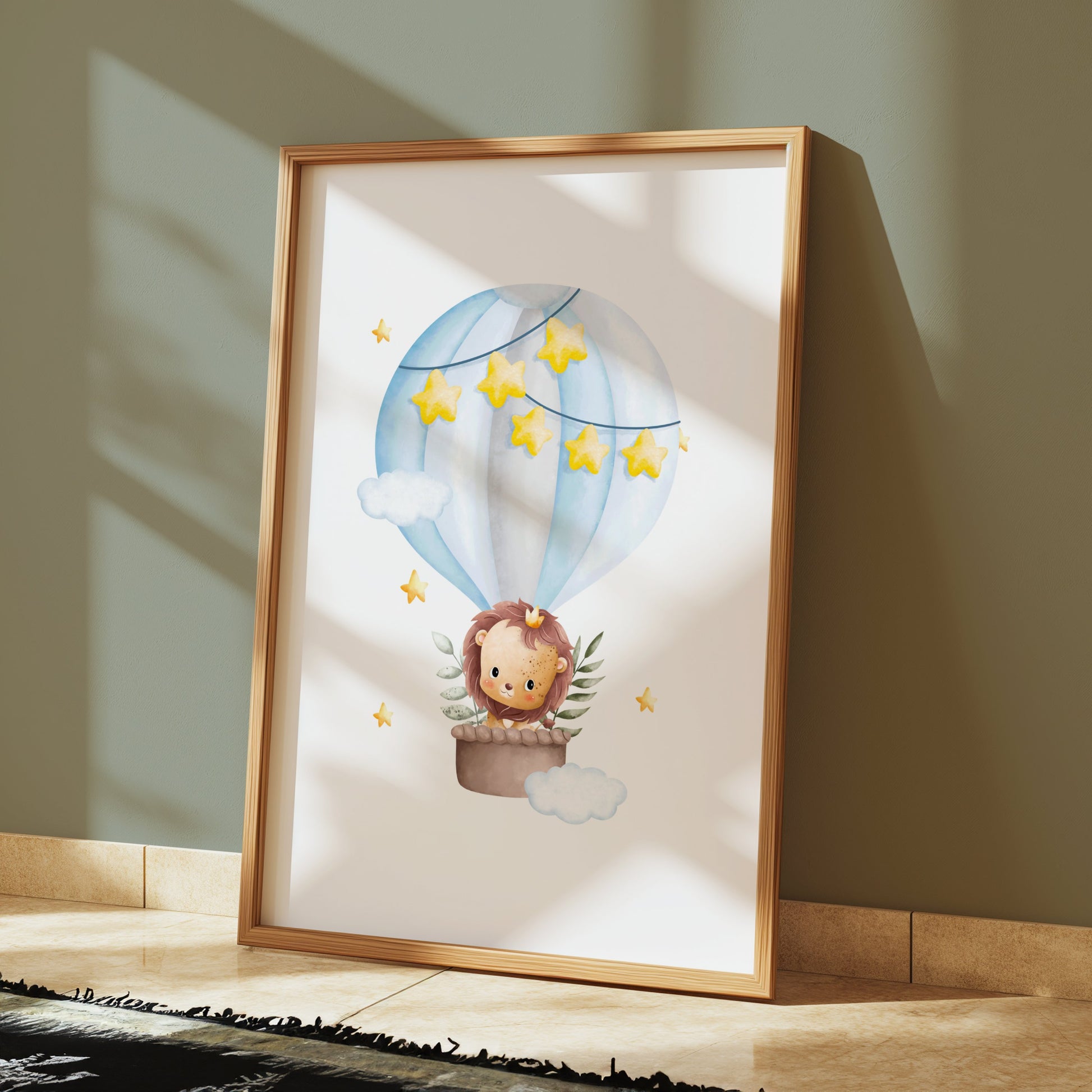 Premium Poster of Adorable Lion in Hot Air Balloon with Stars Posters