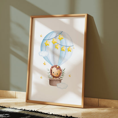 Premium Poster of Adorable Lion in Hot Air Balloon with Stars Posters