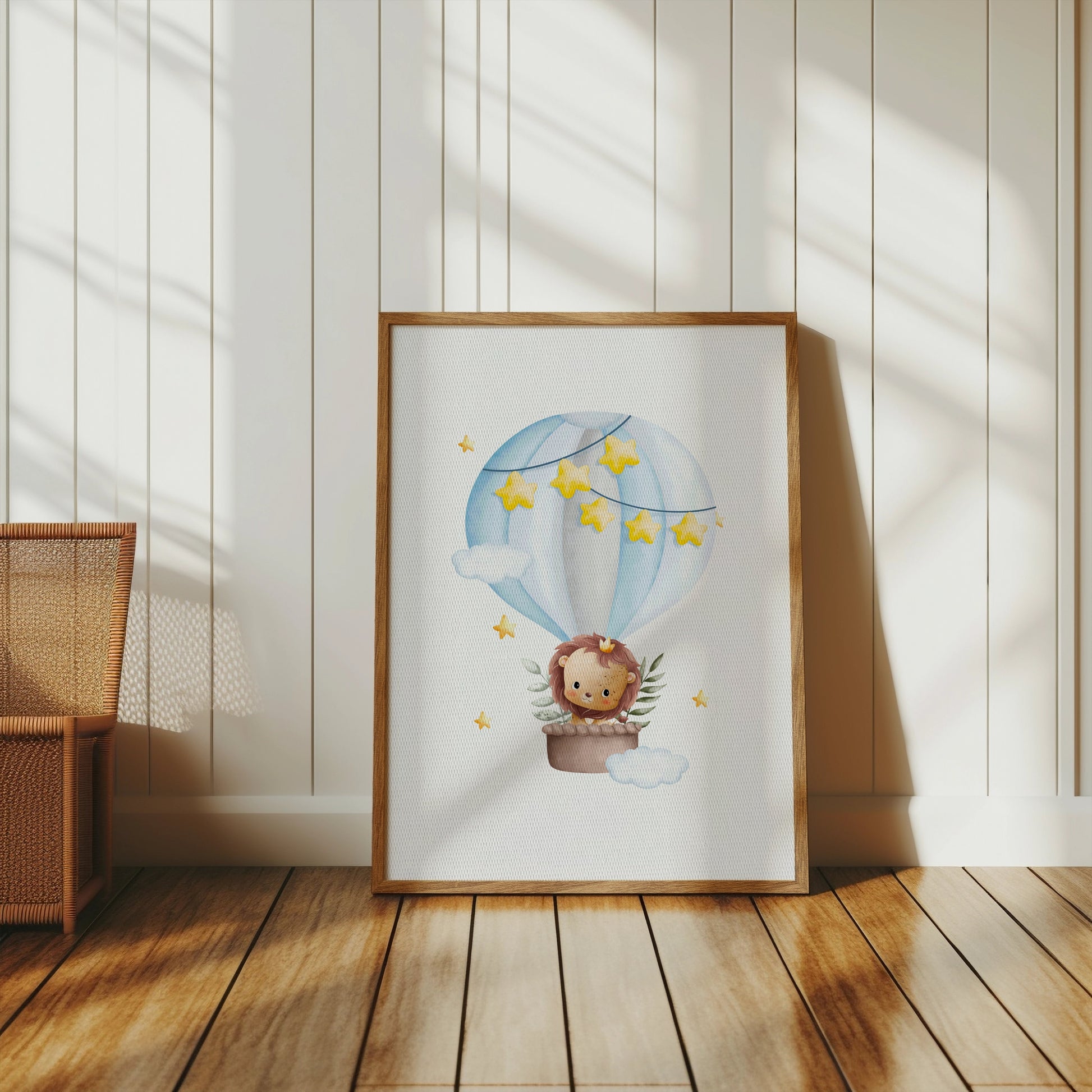 Premium Poster of Adorable Lion in Hot Air Balloon with Stars Posters