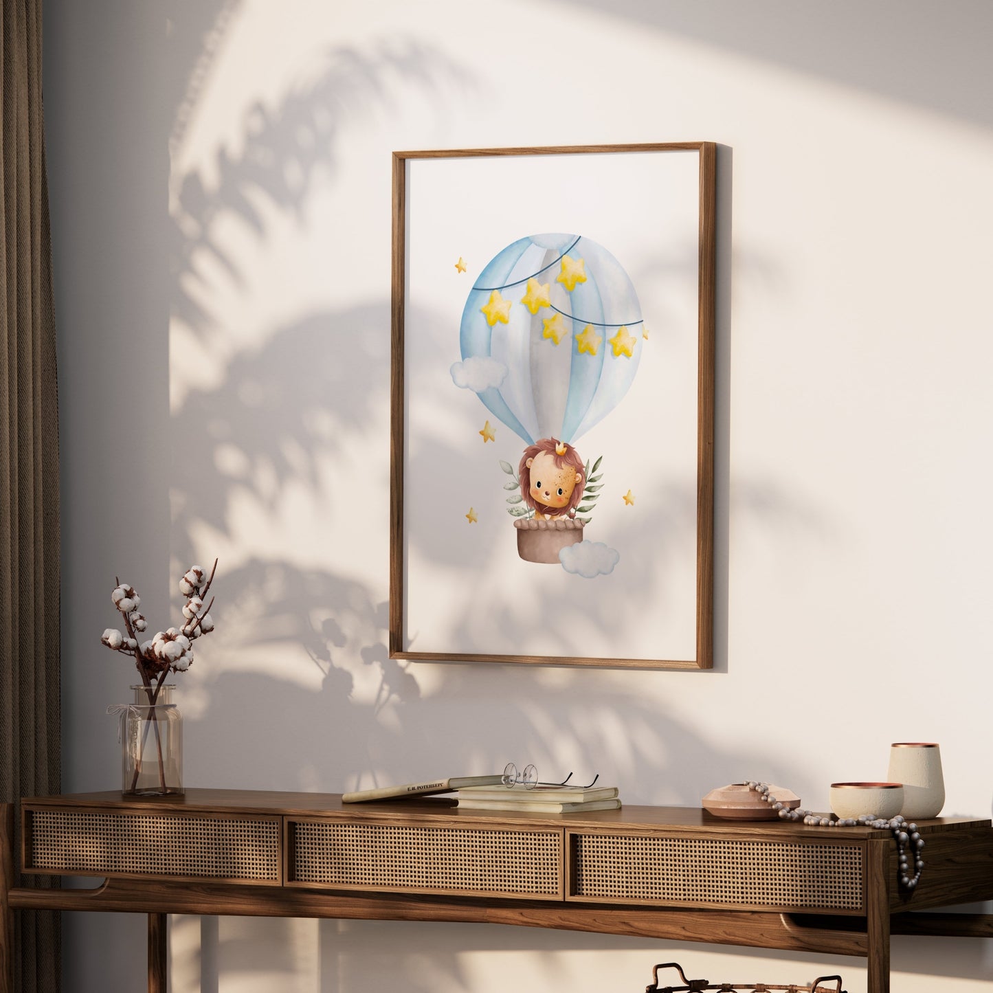 Premium Poster of Adorable Lion in Hot Air Balloon with Stars Posters