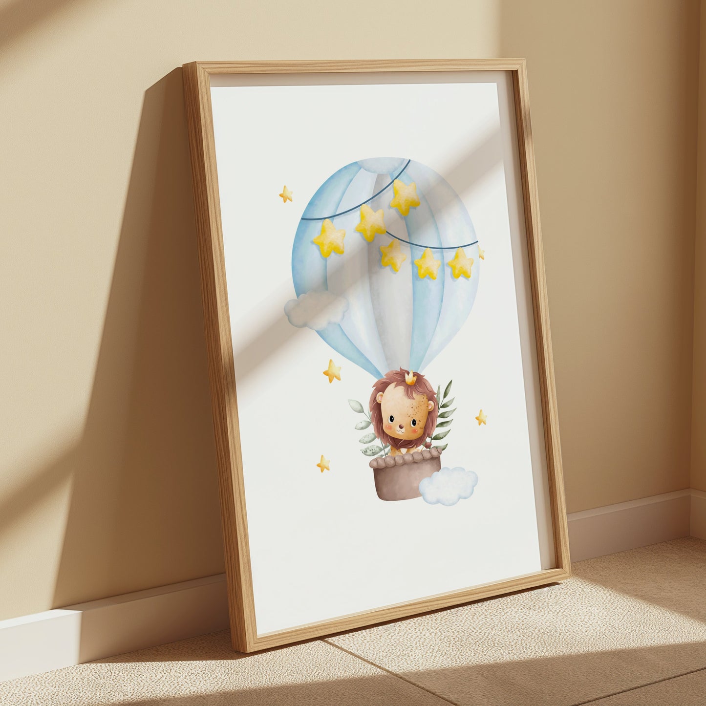 Premium Poster of Adorable Lion in Hot Air Balloon with Stars Posters