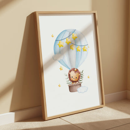 Premium Poster of Adorable Lion in Hot Air Balloon with Stars Posters