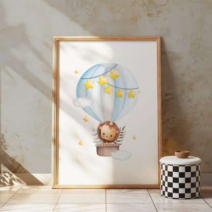 Premium Poster of Adorable Lion in Hot Air Balloon with Stars Posters