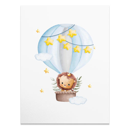 Premium Poster of Adorable Lion in Hot Air Balloon with Stars Posters
