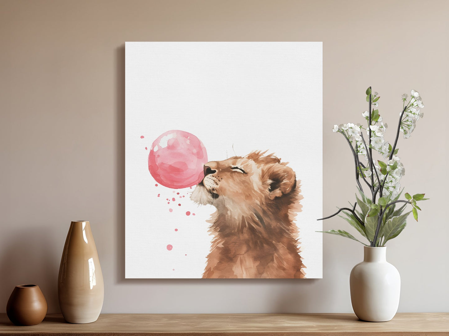 Premium Poster of Adorable Lion with Pink Bubble Canvas Wraps