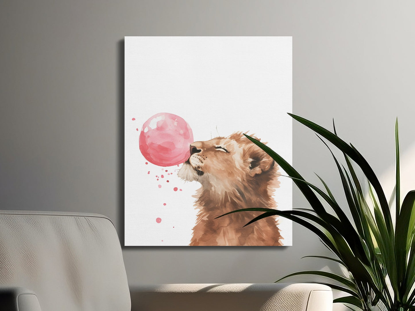 Premium Poster of Adorable Lion with Pink Bubble Canvas Wraps