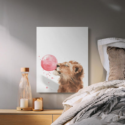 Premium Poster of Adorable Lion with Pink Bubble Canvas Wraps