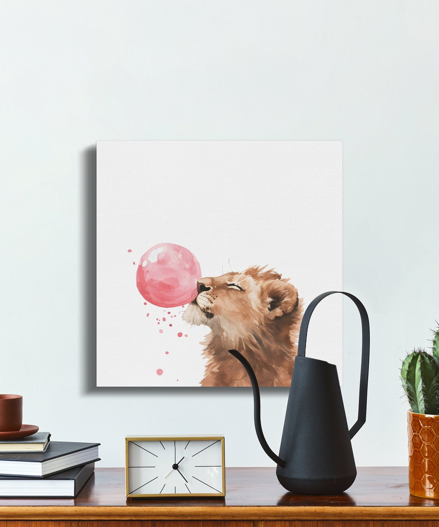 Premium Poster of Adorable Lion with Pink Bubble Canvas Wraps