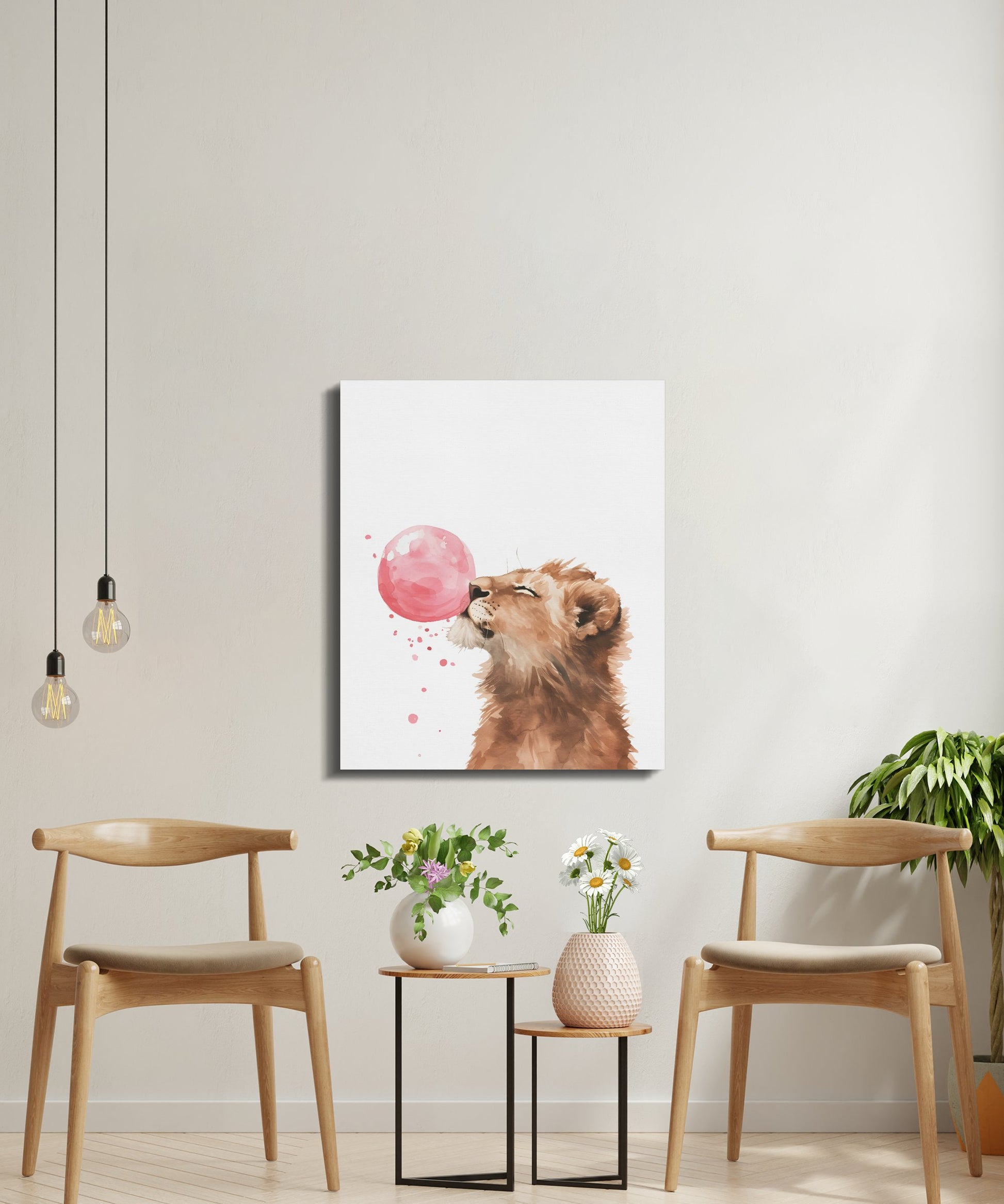 Premium Poster of Adorable Lion with Pink Bubble Canvas Wraps