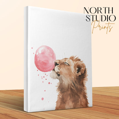 Premium Poster of Adorable Lion with Pink Bubble Canvas Wraps