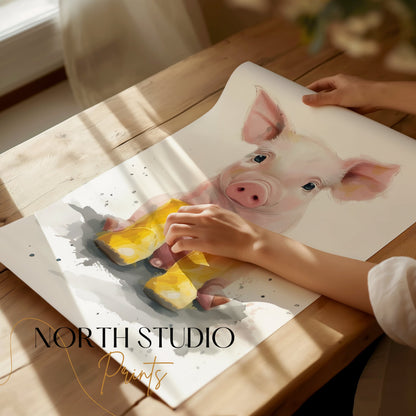 Premium Poster of Adorable Piglet with Yellow Boots Animal Art Posters