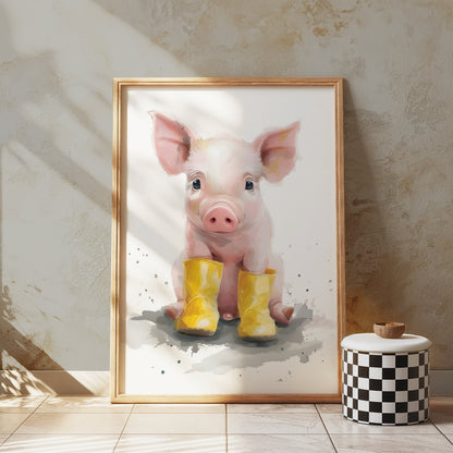Premium Poster of Adorable Piglet with Yellow Boots Animal Art Posters