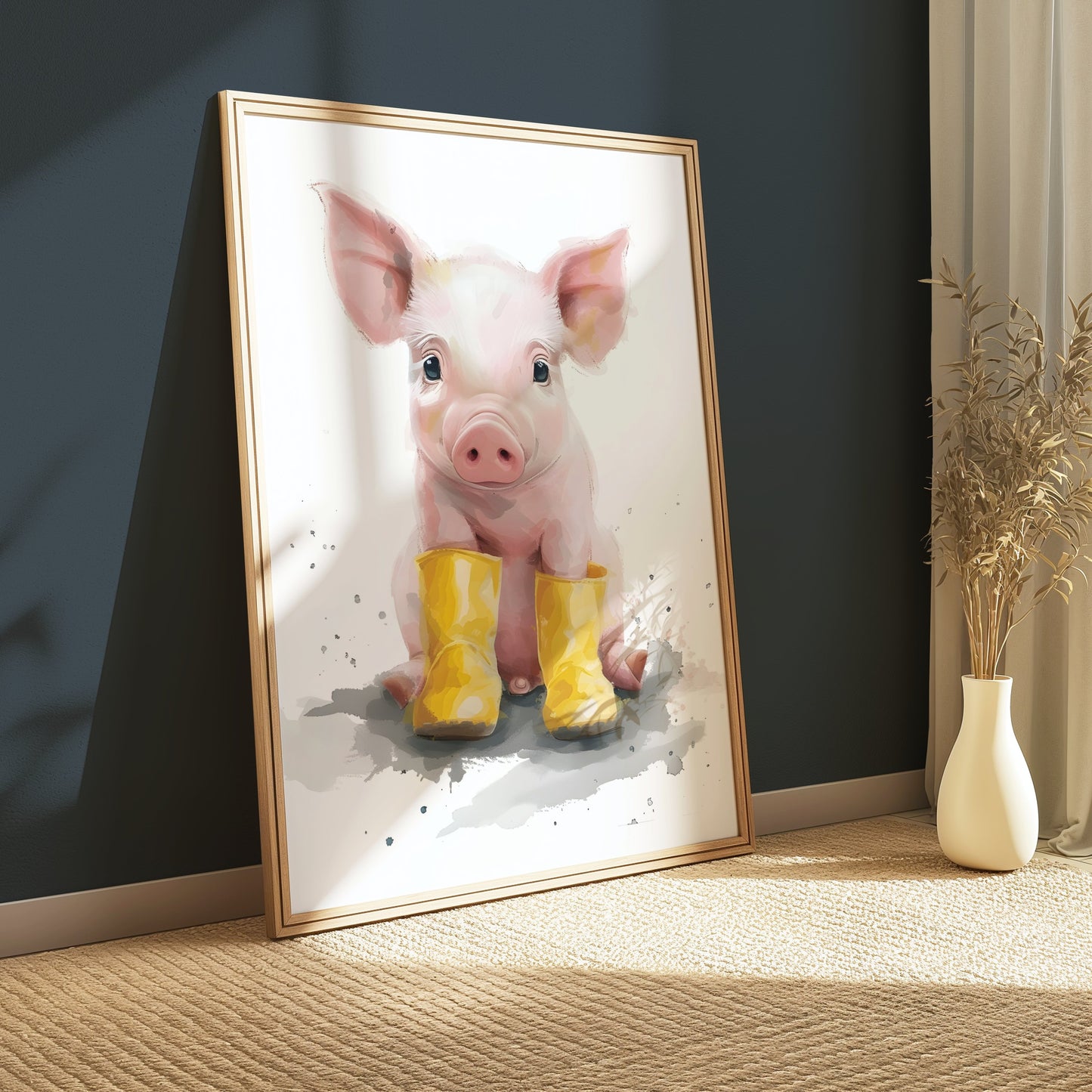 Premium Poster of Adorable Piglet with Yellow Boots Animal Art Posters