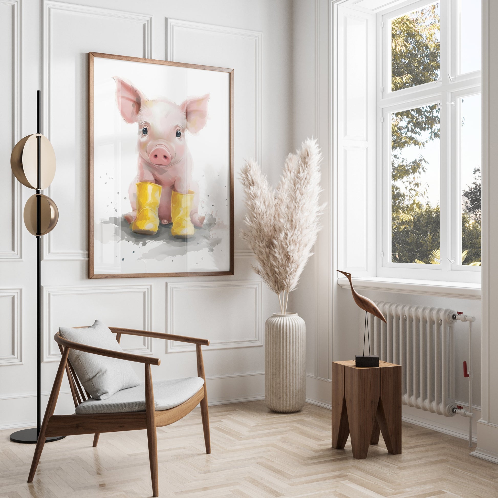 Premium Poster of Adorable Piglet with Yellow Boots Animal Art Posters