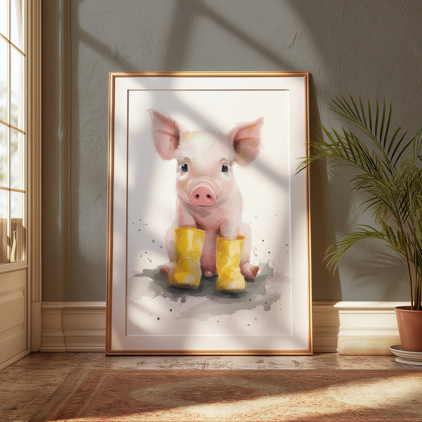 Premium Poster of Adorable Piglet with Yellow Boots Animal Art Posters
