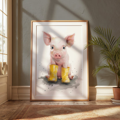 Premium Poster of Adorable Piglet with Yellow Boots Animal Art Posters