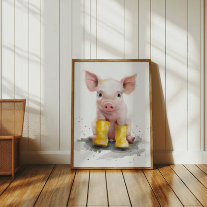 Premium Poster of Adorable Piglet with Yellow Boots Animal Art Posters