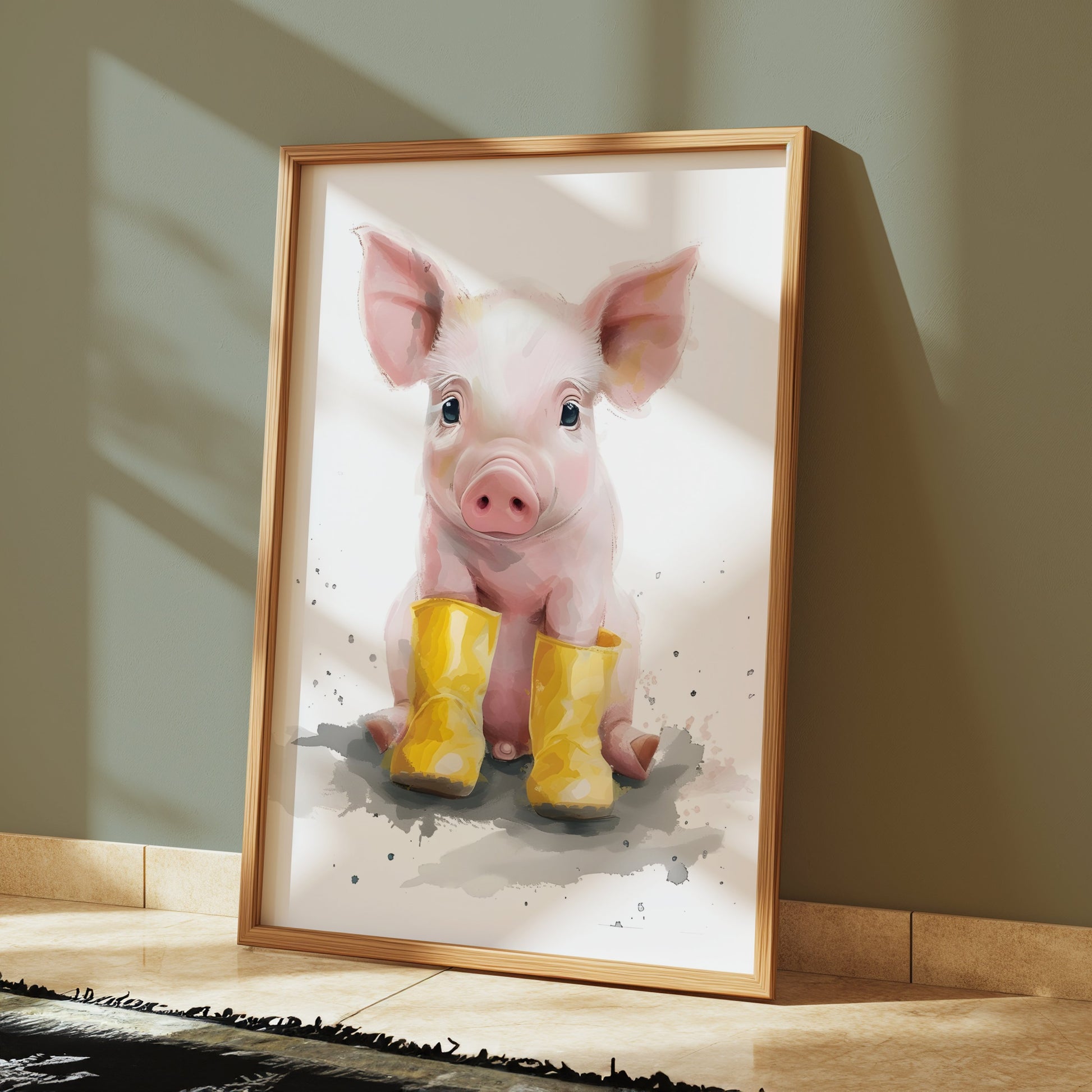 Premium Poster of Adorable Piglet with Yellow Boots Animal Art Posters