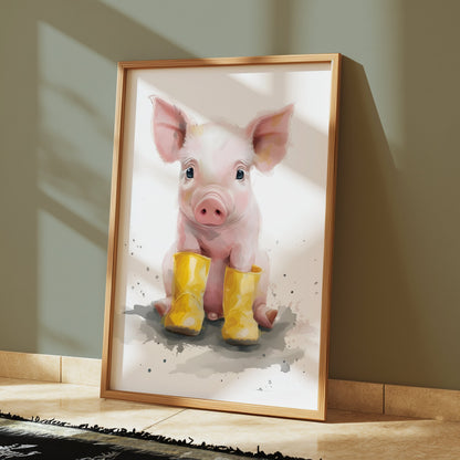 Premium Poster of Adorable Piglet with Yellow Boots Animal Art Posters