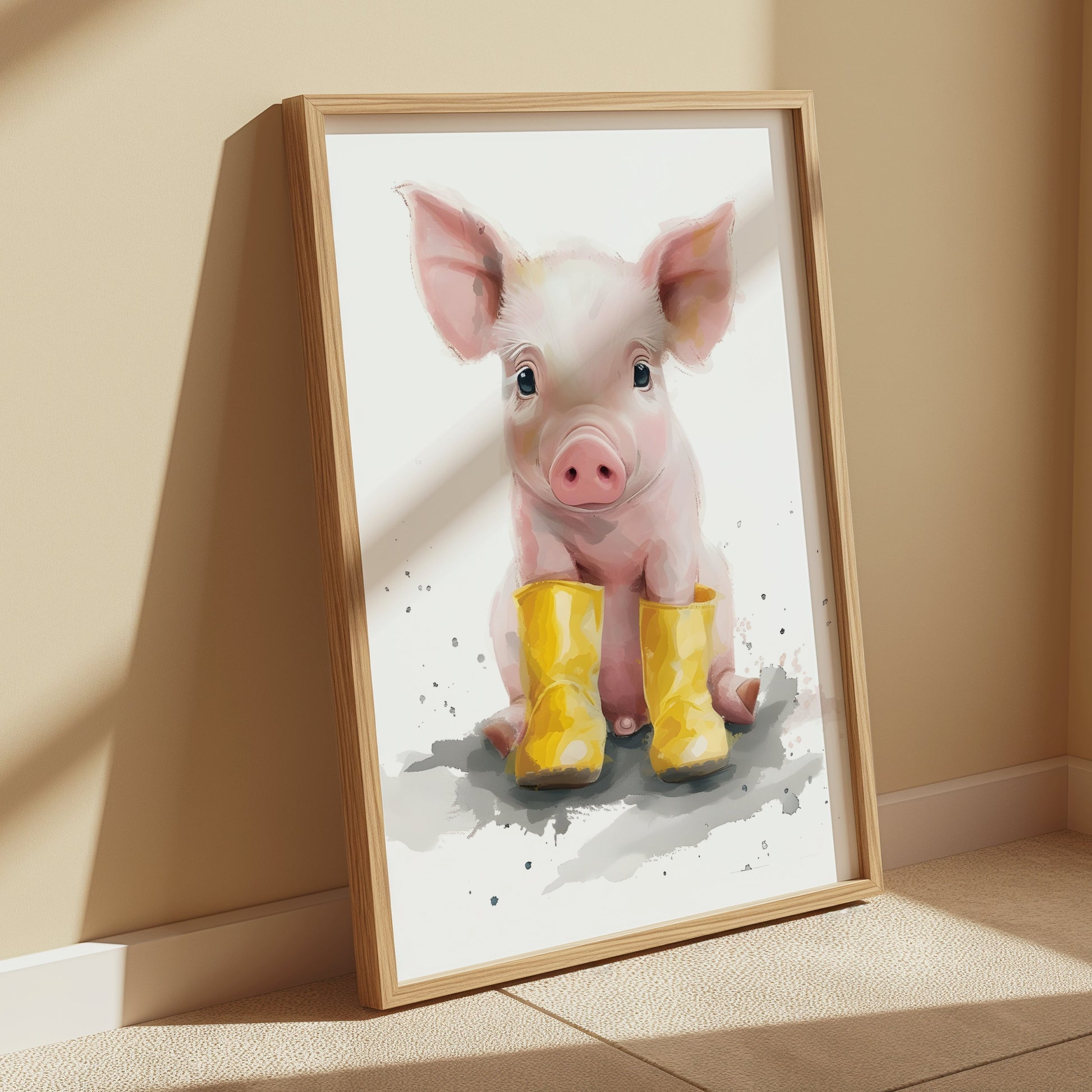 Premium Poster of Adorable Piglet with Yellow Boots Animal Art Posters
