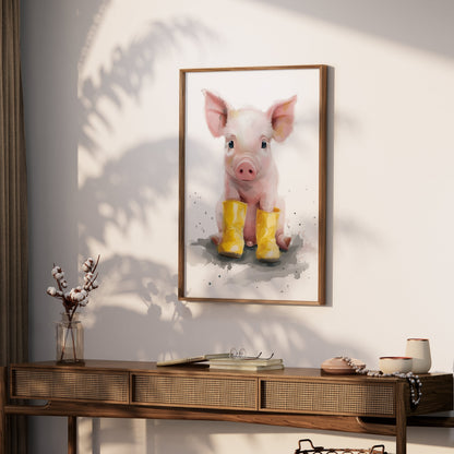 Premium Poster of Adorable Piglet with Yellow Boots Animal Art Posters
