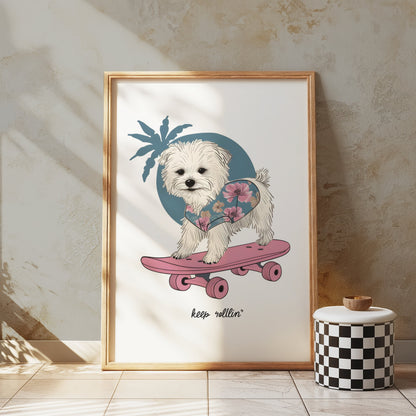 Premium Poster of Adorable Puppy on Skateboard with Floral Design Posters