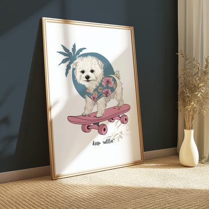 Premium Poster of Adorable Puppy on Skateboard with Floral Design Posters