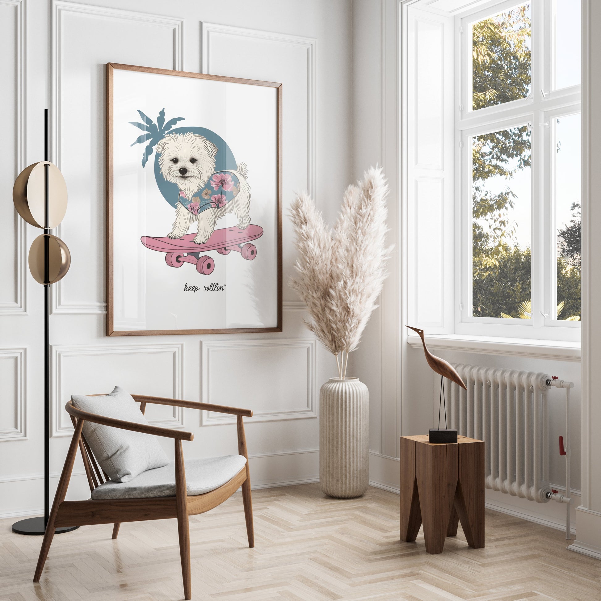 Premium Poster of Adorable Puppy on Skateboard with Floral Design Posters